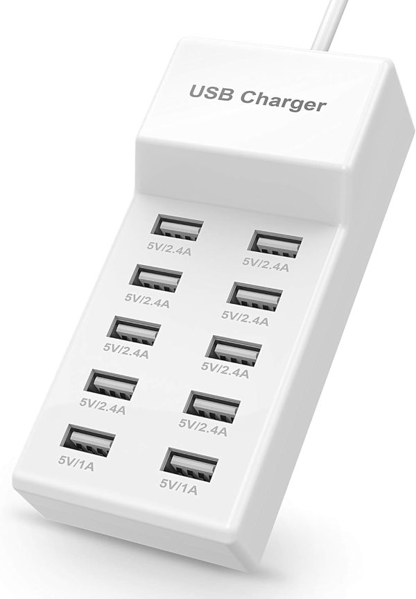 USB Charger USB Wall Charger with Rapid Charging Auto Detect Technology Safety Guaranteed 10-Port Family-Sized Smart USB Ports for Multiple Devices Smart Phone Tablet Laptop Computer